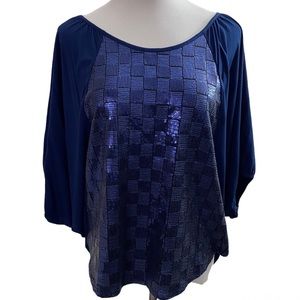 Navy Blue Metallic Sequin Batwing Short Sleeve Blouse X-Small Top